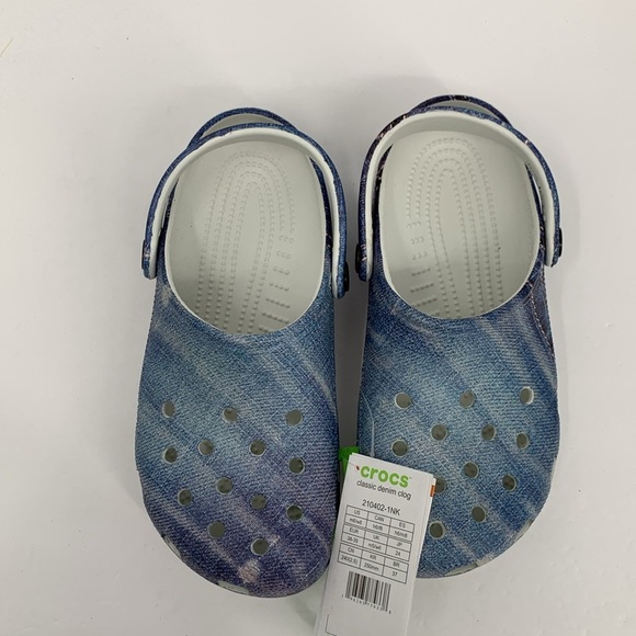 CROCS Classic Clog blue denim jean print back strap shoe slide mule new women 8 - Picture 3 of 5